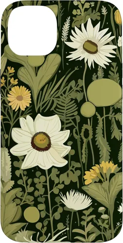 Miniatura 14 de iPhone 13 Wildflower, patrón de flores botánicas verdes, funda de flores silvestres boho