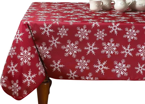Miniatura 7 de Violet Linen Manteles rojos decorativos con diseño de copos de nieve navideños - 60" redondos