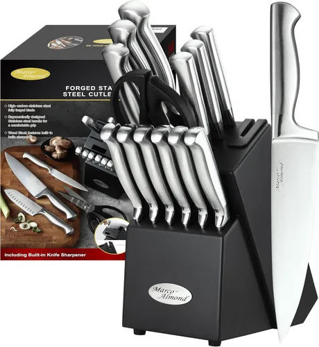 Marco Almond® KYA28 - Juego de cuchillos con bloque KYA28, 14 piezas de acero inoxidable para chef, juego de cuchillos de cocina con afilador