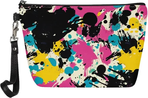 Miniatura 10 de Howilath Abstract Art Cat Cosmetic Pouch for Women PU Leather Toiletry Storage Bag Trapezoid Makeup Bags with Wrist Strap