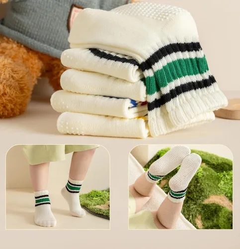 Miniatura 6 de Calcetines de agarre para niños pequeños, antideslizantes, unisex, con rayas retro sin costuras, calcetines de algodón para niñas y niños, 6 pares