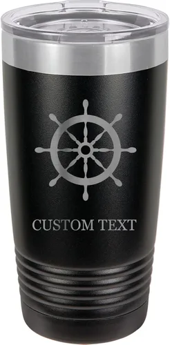 20-Ounce Vacuum Insulated Stainless Steel Tumbler Customized Double-Walled Laser Engraved Orange Coffee Mug, Ship Wheel, Personalized