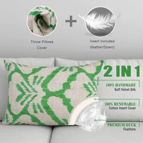 Miniatura 3 de Almohada decorativa hecha a mano con relleno de plumón, estampado de tigre verde, funda de cojín lumbar de seda de terciopelo suave para sala