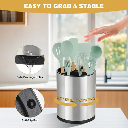 Miniatura 6 de Juego de 2 soportes para utensilios de cocina, de acero inoxidable giratorio de 360°, soporte grande para utensilios de cocina para encimera