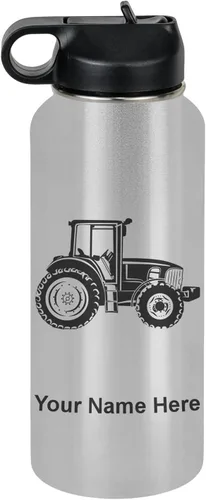 Miniatura 77 de LaserGram Botella de agua personalizada, tractor agrícola, acero inoxidable de doble pared aislada al vacío con popote superior, regalo grabado