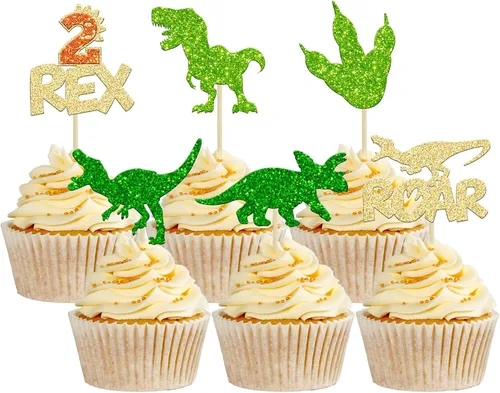 Miniatura 15 de Gyufise 24 piezas de adornos de dinosaurios con purpurina azul 3 Rex Roar Dinosaur Cupcake Picks Three Years Old Dino Theme Baby Shower 3er Birthday