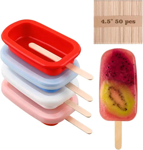 Sakolla 4 moldes de silicona para paletas con tapa y 50 palitos de madera para paletas de madera, moldes ovalados clásicos apilables para helados