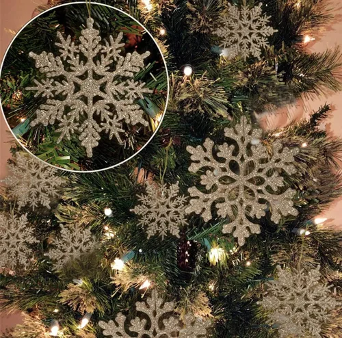Miniatura 6 de Decoraciones para árbol de Navidad, adornos de copo de nieve, 36 piezas de copos de nieve colgantes de plástico con purpurina azul y plateado