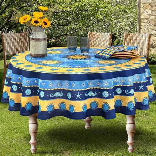 Miniatura 12 de Home Bargains Plus Mantel rectangular de tela mediterránea con sol azul de 60 x 120 pulgadas, diseño de borde de medallón costero, resistente a