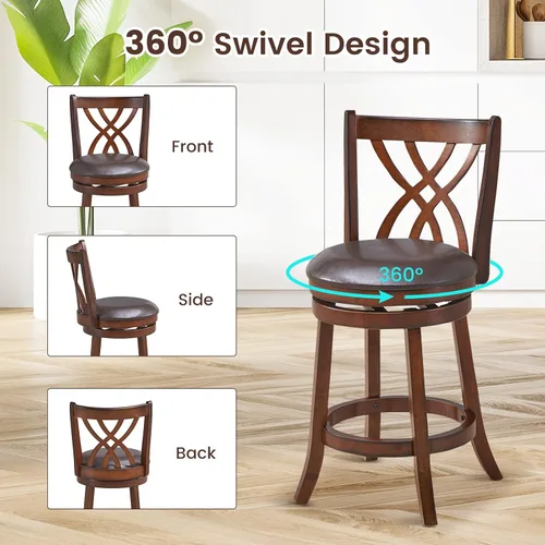 Miniatura 5 de COSTWAY Juego de 2 taburetes de bar, sillas giratorias de 360° con marco de madera de goma, asiento acolchado de piel sintética de 24 pulgadas