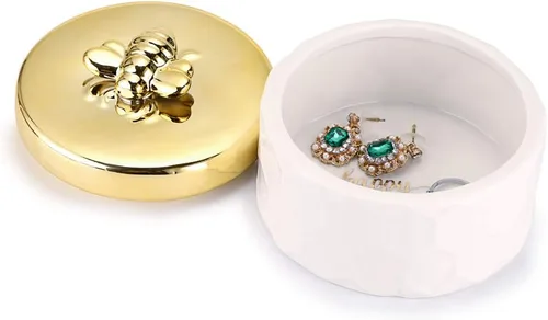 Miniatura 9 de Hipiwe Joyero de cerámica con tapa de abeja dorada, organizador de exhibición de joyas pequeño, contenedor de almacenamiento para decoración