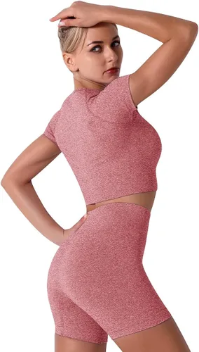 Miniatura 4 de Conjunto de yoga para mujer sin costuras pantalones cortos de ejercicio de cintura alta con brasier deportivo 3 piezas conjunto deportivo