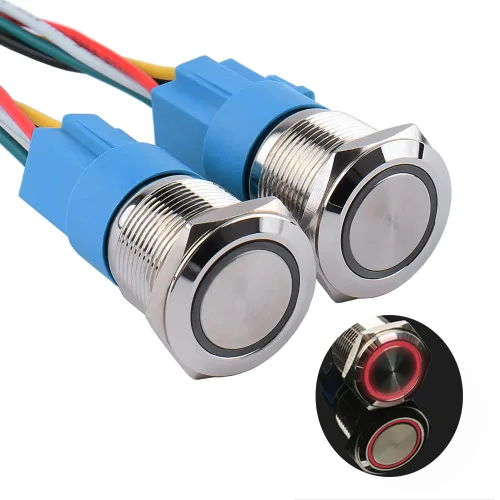 Miniatura 11 de Paquete de 2 interruptores de botón momentáneos de 0.63 pulgadas, 12 V-24 V, LED, impermeable, de metal, 1 NO 1 NC, con enchufe de cable
