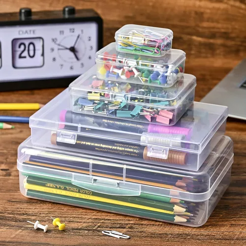 Miniatura 4 de Paquete de 7 mini recipientes de plástico rectangulares de varios tamaños, cajas de almacenamiento de plástico transparente con tapas con bisagras