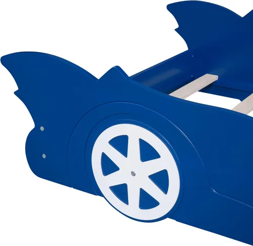 Miniatura 6 de Cama de plataforma con ruedas en forma de auto de carreras para niños, marco de cama de madera con listones de soporte, para niños, dormitorio