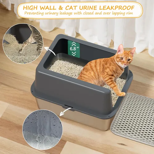 Miniatura 5 de Caja de arena para gatos de acero inoxidable, bandeja de arena de metal cubierta, bandejas de arena para gatos con lados altos, caja de arena