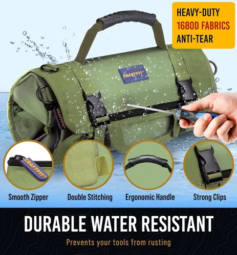 Miniatura 3 de CRAFT911 Organizadores de bolsas de herramientas duraderas con 6 bolsas de herramientas desmontables, bolsa enrollable pequeña Organizador de Verde