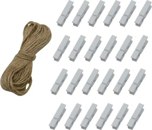 Alfileres de madera, 100 clips de madera pequeños de 1.3 pulgadas con cordel de yute de 33 pies para clips de bolsa, bolsa de ropa, alfiler de ropa