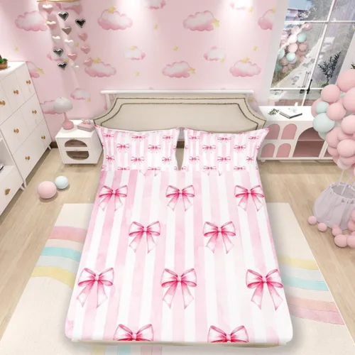 Miniatura 13 de Sábana bajera con lazo azul tamaño individual, juego de ropa de cama de princesa con cerezas, estrellas y flores margaritas de dibujos animados