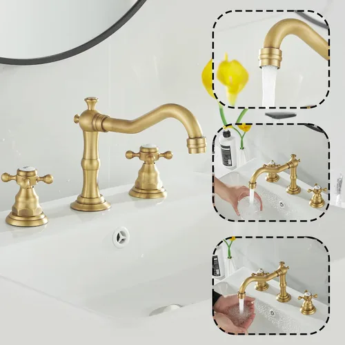 Miniatura 4 de Grifo de 2 manijas para lavabo de baño de tres agujeros, grifo de lavabo extendido, latón antiguo, grifo mezclador con manguera de suministro