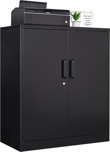 PEUKC Armario de almacenamiento de metal con cerradura, gabinetes de almacenamiento pequeños de acero de 36 pulgadas, 2 estantes ajustables, 2 Negro