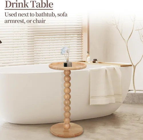 Miniatura 7 de Mesa de bebidas, mesa auxiliar redonda pequeña de ratán bohemio para espacios pequeños, mesa auxiliar circular de madera maciza para sala de estar
