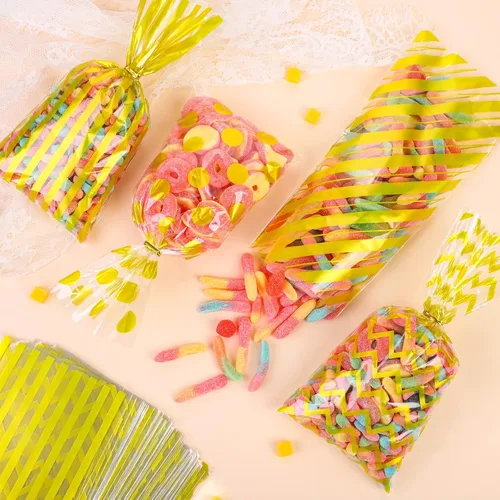 Miniatura 4 de Aodaer 100 bolsas de celofán dorado de 10.6 x 5.1 pulgadas, bolsas de plástico para dulces, bolsas de celofán, diseño de rayas de lunares, bolsa