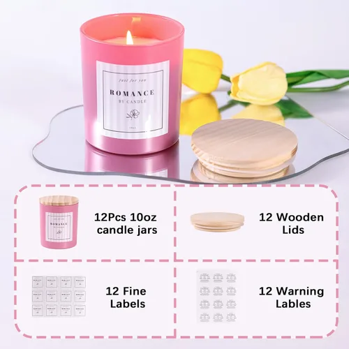 Miniatura 4 de 12 tarros de velas rosas surtidos para hacer velas, tarros de vela vacíos de 10 onzas con tapas y etiquetas de bambú, tarro de vela de vidrio