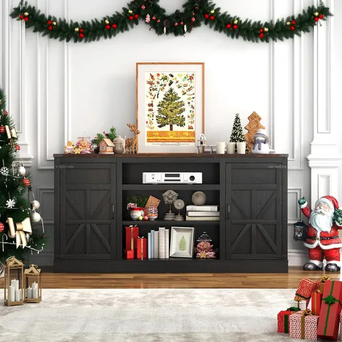 Miniatura 7 de Hlivelood Mueble de TV Estilo Granja de 66" con Tomas de Corriente para TVs de 75 Pulgadas, Centro de Entretenimiento de 33" de Alto con Gabinetes