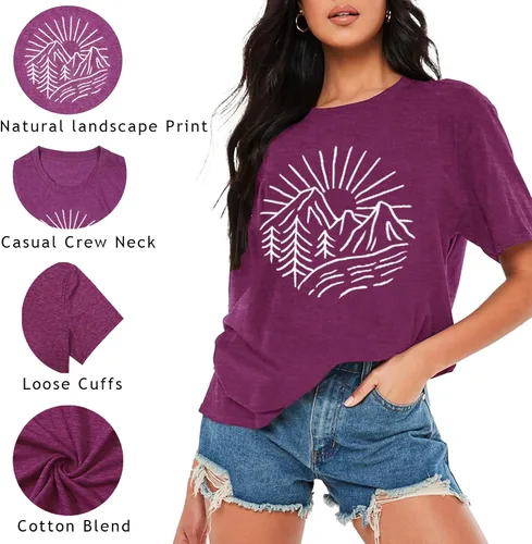 Miniatura 41 de Camisetas sin mangas de senderismo y montaña para mujer, divertidas camisetas de entrenamiento con gráficos de pino y amanecer, camisetas de verano