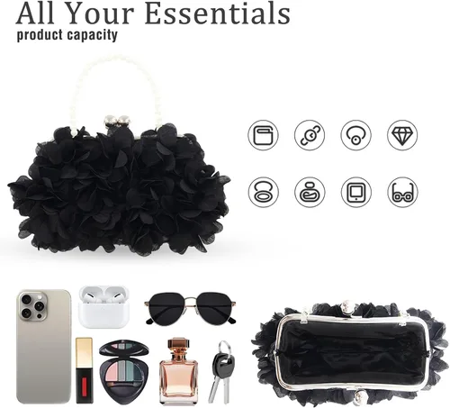 Miniatura 6 de Elegante bolso de noche para mujer, pequeño bolso de mano floral con cadena desmontable para bodas, fiestas, bailes de graduación