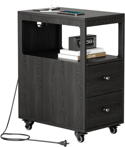 Mesa auxiliar estrecha con estación de carga y ruedas, mesa auxiliar de sofá estrecha móvil con puertos USB y salidas para espacio pequeño, sala de