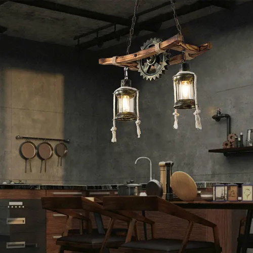 Miniatura 2 de TFCFL Lámpara colgante industrial de 8 cabezas, estilo granja, de madera, lámpara de techo vintage, pantalla de cristal para mesa de billar, cocina