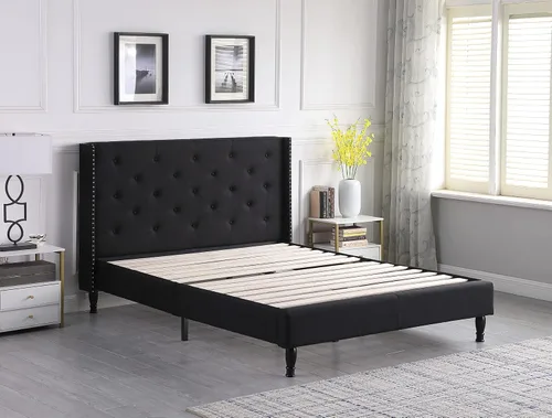 Miniatura 6 de Base de cama de plataforma tapizada Queen con cabecera de 45 pulgadas y base ajustable, cama de lino con botones copetudos, soporte de listones