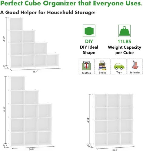 Miniatura 6 de C&AHOME Organizador de almacenamiento en cubos, estantes de 12 cubos, armario de armario, estante modular de plástico para libros, ideal para Milky