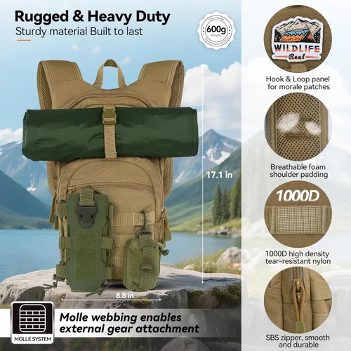Miniatura 2 de MARCHWAY Mochila de Hidratación Táctica Molle con Vejiga de Agua de TPU de 2.5L, Mochila Militar Organizada de Perfil Bajo para Senderismo, Canela