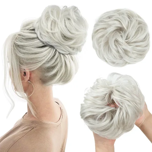 Miniatura 54 de CJL HAIR Extensiones de cabello sintético de moño desordenado, ondulado, rizado, grueso, para coleta, para mujer (rubio blanco)