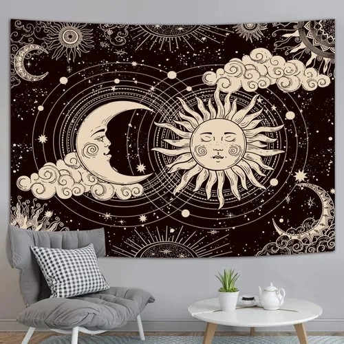 Miniatura 5 de Wonrizon Tapiz de Sol y Luna, Estético Negro Oscuro Tapices Espirituales Místico Sol Ardiente con Nubes Estrella Decoración Colgante de Pared