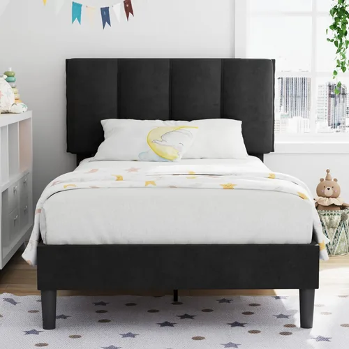 Miniatura 46 de VECELO - Base de cama tamaño individual con cabecera tapizada, plataforma con soporte de listones de madera de alta resistencia, no necesita somier
