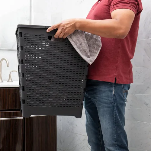 Miniatura 6 de Mind Reader Cesta plegable para ropa sucia de 61 litros, cesta de ropa, tapa, diseño de mimbre, plástico, 18 pulgadas de largo x 14.5 pulgadas