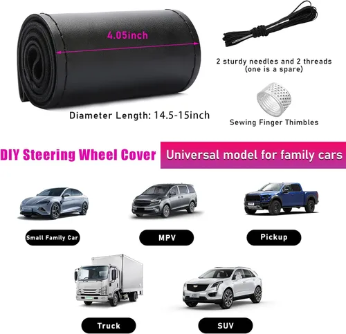 Miniatura 2 de Ziciner - Funda de cuero genuino para volante, transpirable, antideslizante, protector de volante de automóvil para un diámetro máximo de 15 Negro