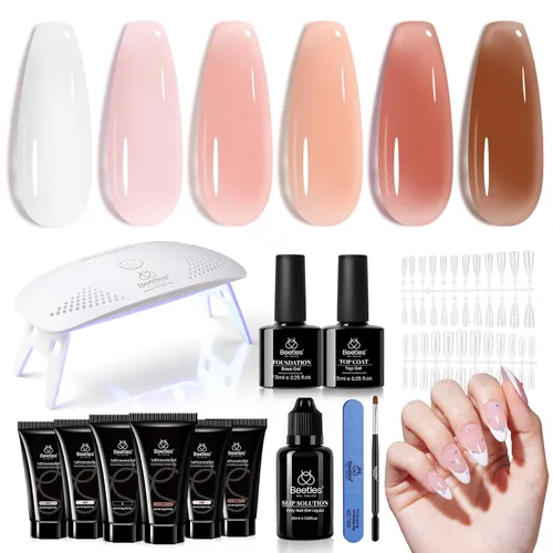 Beetles - Kit de extensión de gel de uñas de polietileno, 6 colores de gelatina nude con solución deslizante, mejora de uñas para principiantes y