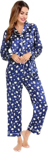 Miniatura 2 de SWOMOG - Conjunto de pijama de dos piezas, de satén de seda con botones, para mujer