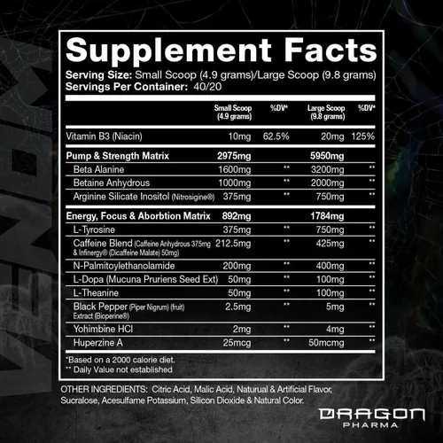 DRAGON PHARMA Venom Extreme Potency Pre-Entreno, Enfoque Láser Agudo + Energía, Rendimiento Intenso, Ingredientes Probados para Vasodilatación y