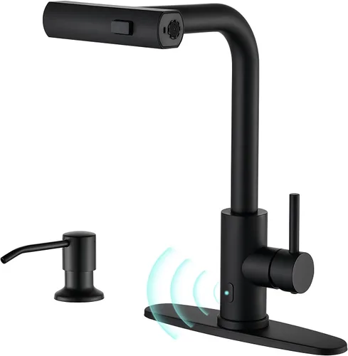Miniatura 11 de AVSIILE Grifos de cocina en cascada de color negro mate con rociador desplegable y dispensador de jabón, un solo orificio y mango, grifo extraíble
