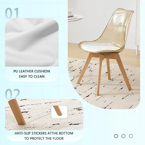 Miniatura 7 de Juego de 2 sillas de comedor transparentes, modernas sillas de comedor de acrílico con cojines de piel sintética y patas de madera, sillas laterales