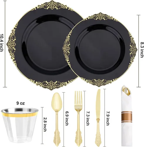 Miniatura 2 de Realluck 350 piezas platos de plástico negro y dorado, juego de vajilla de plástico para 50 invitados, 100 platos desechables, 150 cubiertos, 50