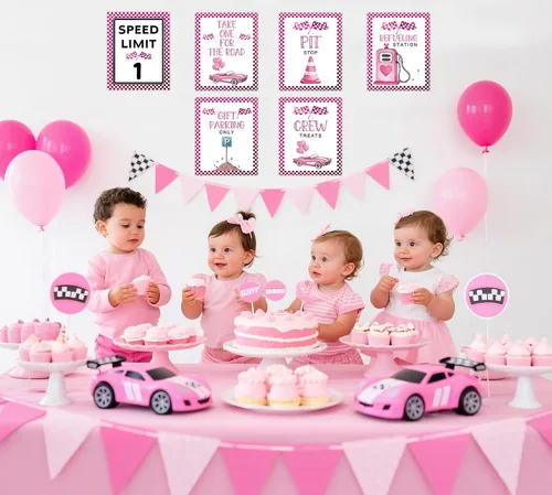 Miniatura 5 de Letreros de fiesta de primer cumpleaños de coche de carreras rosa, límite de velocidad, decoraciones de cumpleaños para niña, decoración rápida
