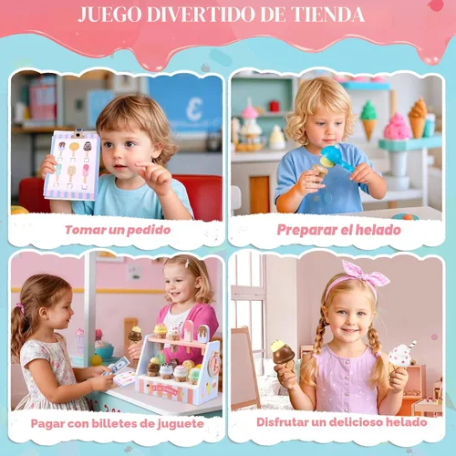 Miniatura 4 de Ehome Juego de juguetes de helado de madera, tienda de alimentos para niños, para servir helados, mostrador, tienda, juego de cocina con rueda