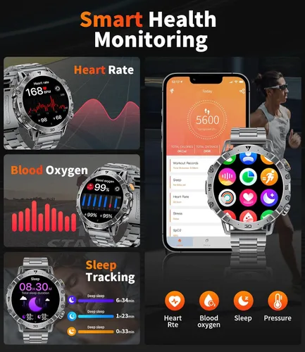 Miniatura 8 de Reloj inteligente militar para hombre, reloj inteligente HD de 1.85 pulgadas, batería grande de 1000 mAh, linterna LED/más de 100 modos deportivos